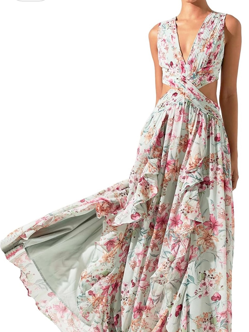 Mint Floral Cutout Maxi Dress with Pink Blossoms